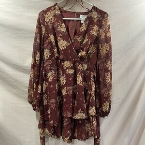 Women's Boho Floral Print Mini Dress Burgundy And Cream Size Small